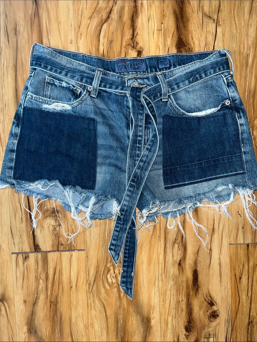 Lucky Brand Two-Tone Blue Distressed Denim Shorts with Tie Waist